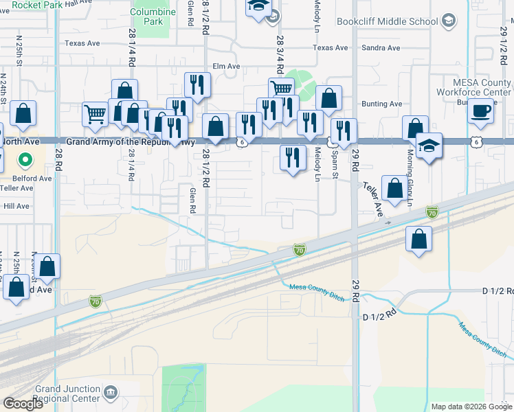 map of restaurants, bars, coffee shops, grocery stores, and more near 2849-2865 Gunnison Avenue in Grand Junction