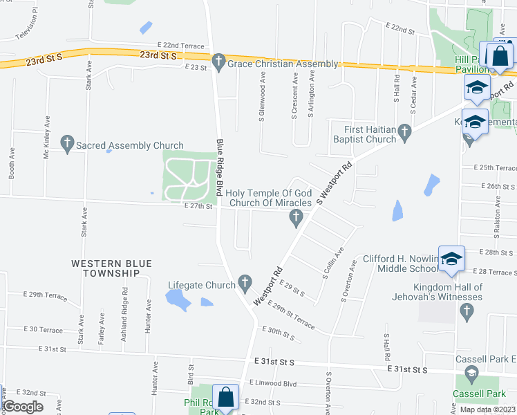 map of restaurants, bars, coffee shops, grocery stores, and more near 9318 1/2 East 27 Street South in Independence