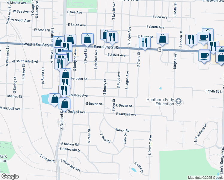 map of restaurants, bars, coffee shops, grocery stores, and more near 613 East Angus Street in Independence