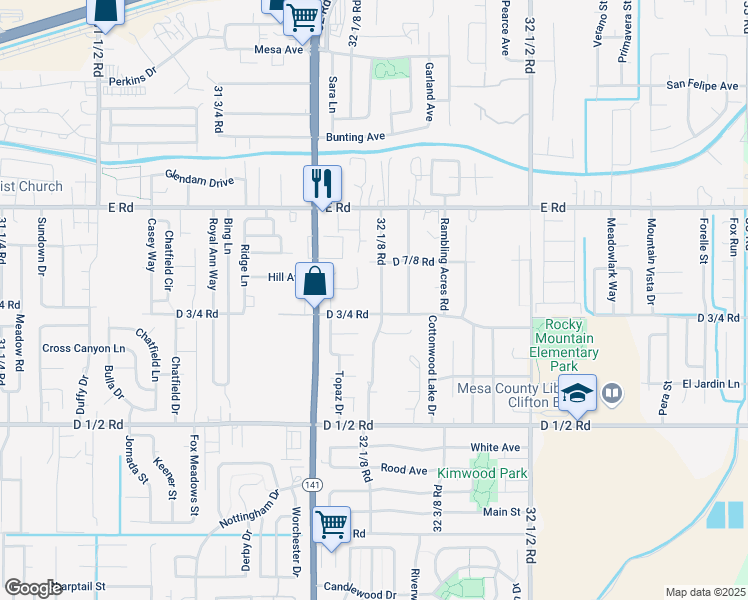 map of restaurants, bars, coffee shops, grocery stores, and more near 3211 D 3/4 Road in Clifton