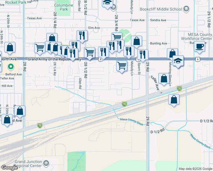 map of restaurants, bars, coffee shops, grocery stores, and more near 2849-2865 Gunnison Avenue in Grand Junction