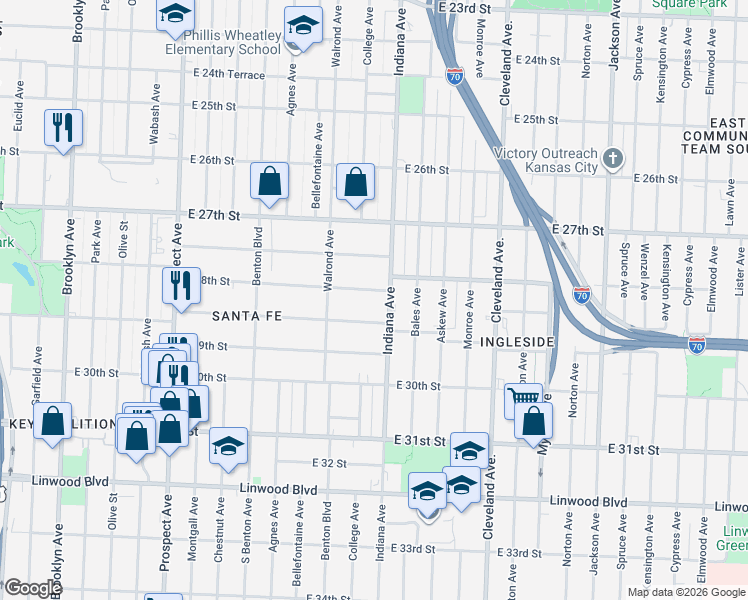 map of restaurants, bars, coffee shops, grocery stores, and more near 2839 Indiana Avenue in Kansas City