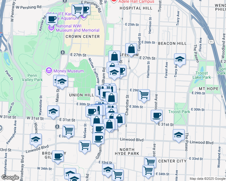 map of restaurants, bars, coffee shops, grocery stores, and more near 2924 Cherry Street in Kansas City