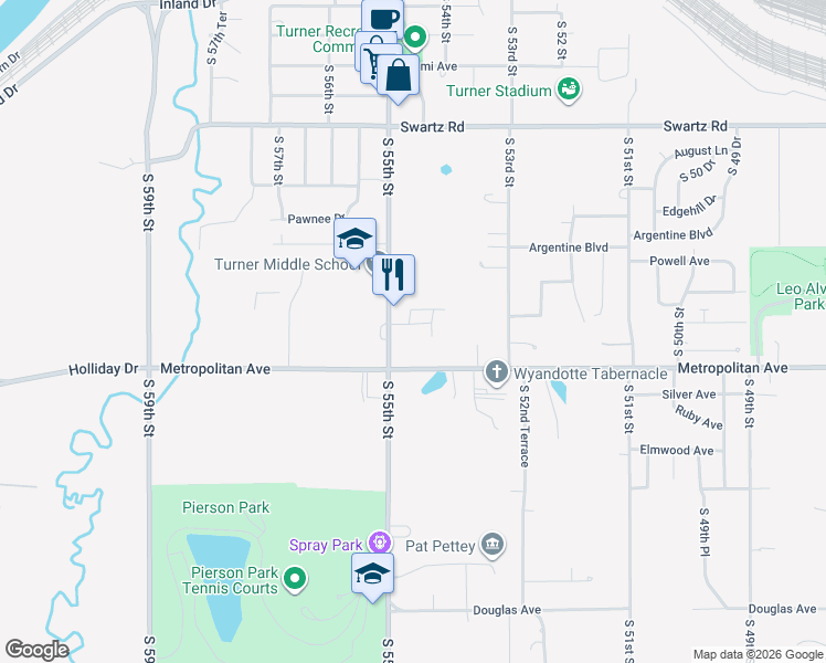 map of restaurants, bars, coffee shops, grocery stores, and more near 5428 Metropolitan Avenue in Kansas City
