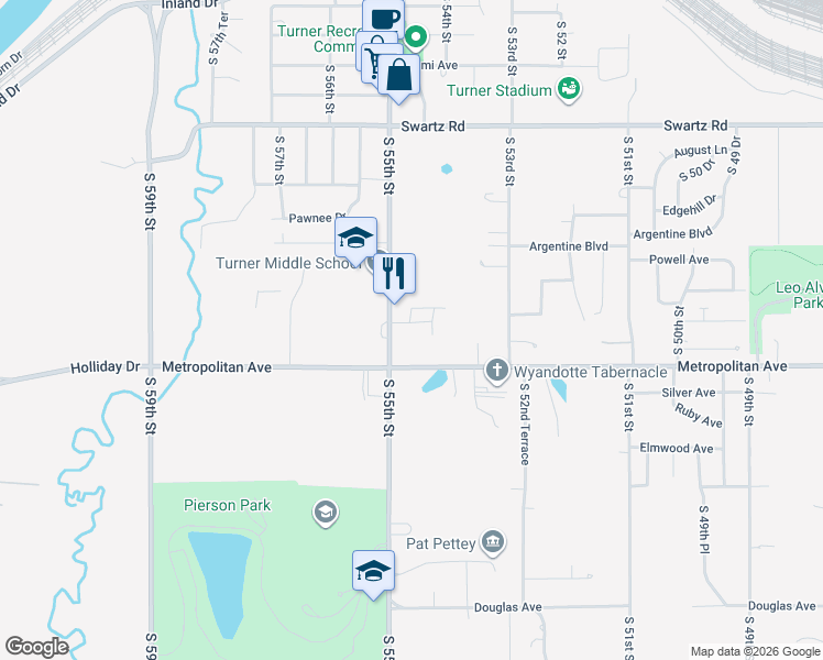 map of restaurants, bars, coffee shops, grocery stores, and more near 5428 Metropolitan Avenue in Kansas City