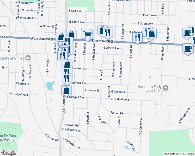 map of restaurants, bars, coffee shops, grocery stores, and more near 515 East Angus Street in Independence