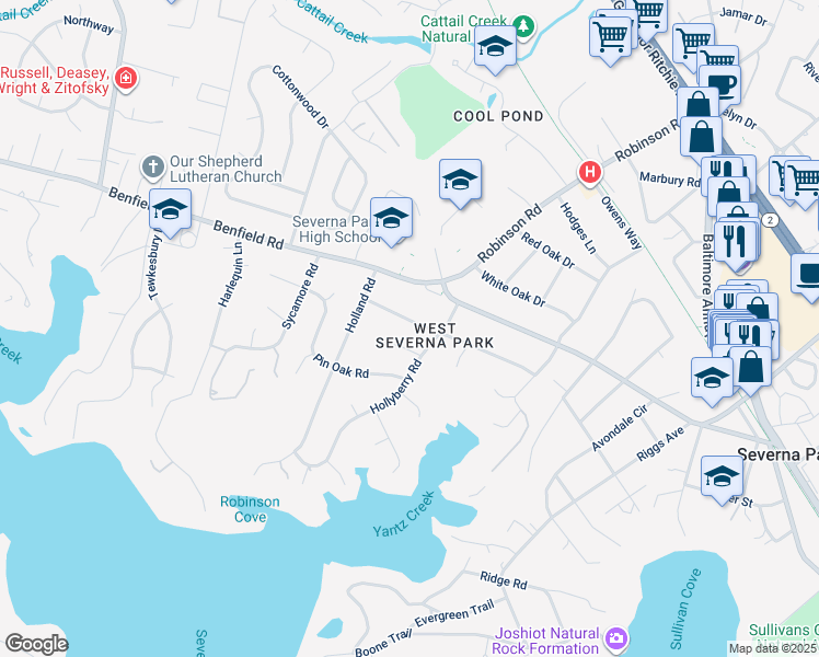 map of restaurants, bars, coffee shops, grocery stores, and more near 605 Pine Tree Drive in Severna Park
