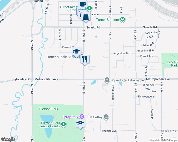 map of restaurants, bars, coffee shops, grocery stores, and more near 1425 South 55th Street in Kansas City