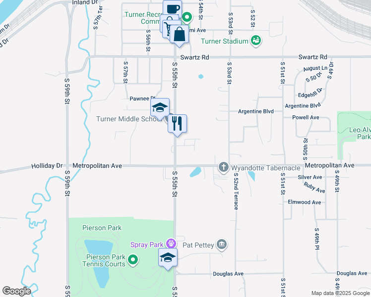 map of restaurants, bars, coffee shops, grocery stores, and more near 5428 Metropolitan Avenue in Kansas City