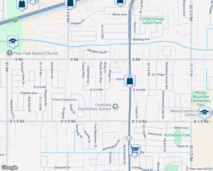 map of restaurants, bars, coffee shops, grocery stores, and more near 484 Royal Ann Way in Grand Junction