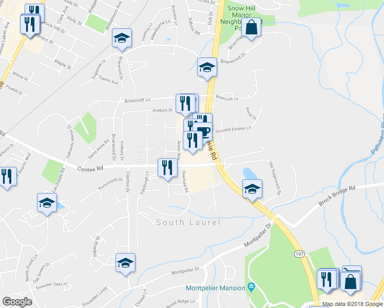 map of restaurants, bars, coffee shops, grocery stores, and more near 13308 Laurel Bowie Road in Laurel