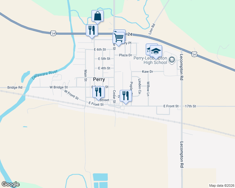 map of restaurants, bars, coffee shops, grocery stores, and more near 211 Cedar Street in Perry