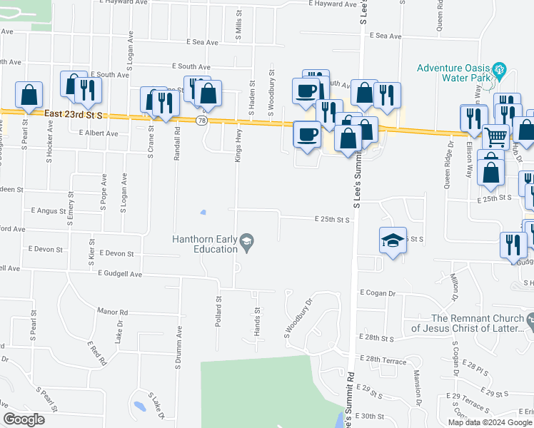 map of restaurants, bars, coffee shops, grocery stores, and more near 1223 East 25th Street South in Independence