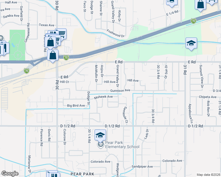 map of restaurants, bars, coffee shops, grocery stores, and more near 3041 Hill Avenue in Grand Junction