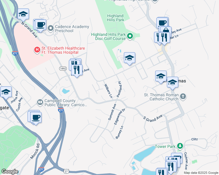 map of restaurants, bars, coffee shops, grocery stores, and more near 420 Highland Avenue in Fort Thomas