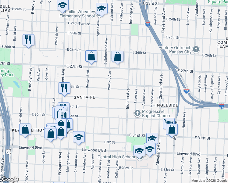map of restaurants, bars, coffee shops, grocery stores, and more near 3222 East 28th Street in Kansas City