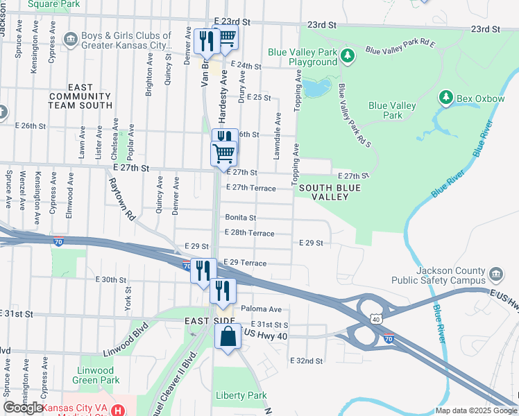 map of restaurants, bars, coffee shops, grocery stores, and more near 5601 East 27th Terrace in Kansas City