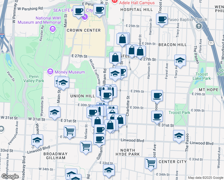 map of restaurants, bars, coffee shops, grocery stores, and more near E 29th St & Cherry St in Kansas City