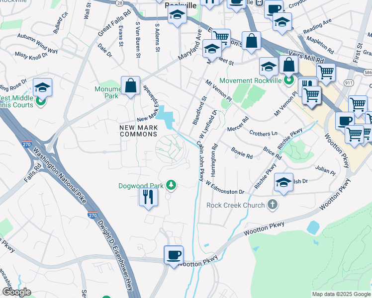 map of restaurants, bars, coffee shops, grocery stores, and more near Waddington Lane in Rockville