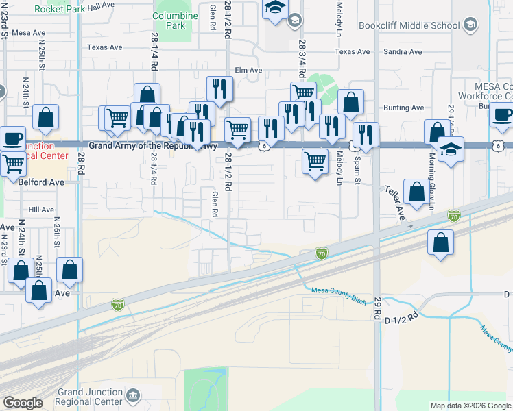 map of restaurants, bars, coffee shops, grocery stores, and more near 2860 1/2 Hall Avenue in Grand Junction