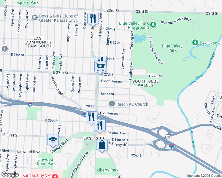 map of restaurants, bars, coffee shops, grocery stores, and more near 5439 East 28th Street in Kansas City