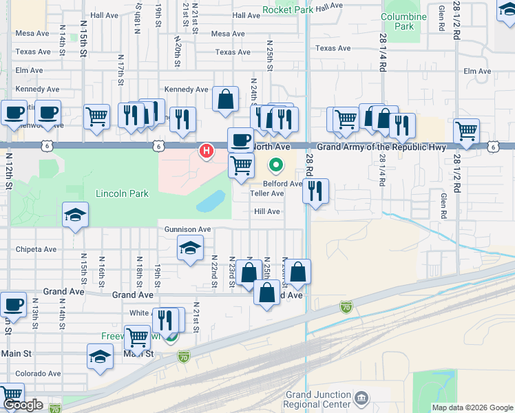 map of restaurants, bars, coffee shops, grocery stores, and more near 2404 Teller Avenue in Grand Junction