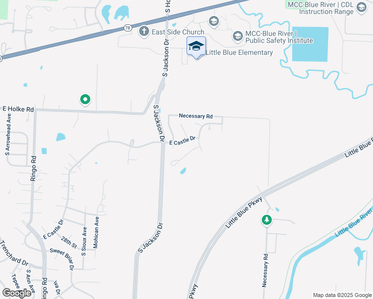 map of restaurants, bars, coffee shops, grocery stores, and more near 20117 East Castle Drive in Independence
