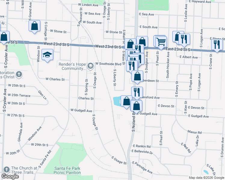 map of restaurants, bars, coffee shops, grocery stores, and more near 1410 South Liberty Street in Independence