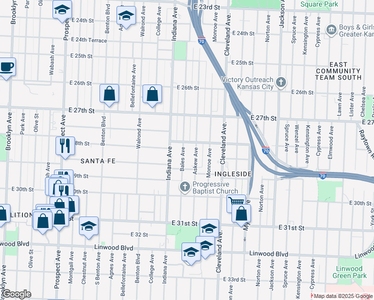 map of restaurants, bars, coffee shops, grocery stores, and more near 3507 East 28th Street South in Kansas City