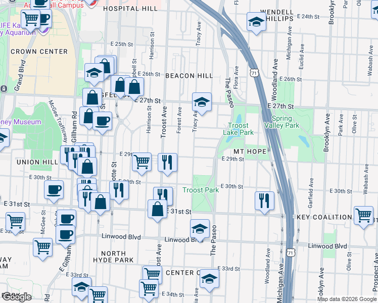 map of restaurants, bars, coffee shops, grocery stores, and more near 2828 Tracy Avenue in Kansas City