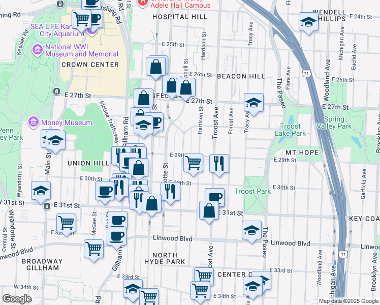map of restaurants, bars, coffee shops, grocery stores, and more near 2827 Campbell Street in Kansas City