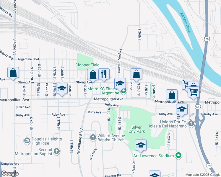 map of restaurants, bars, coffee shops, grocery stores, and more near 1401 South 30th Street in Kansas City