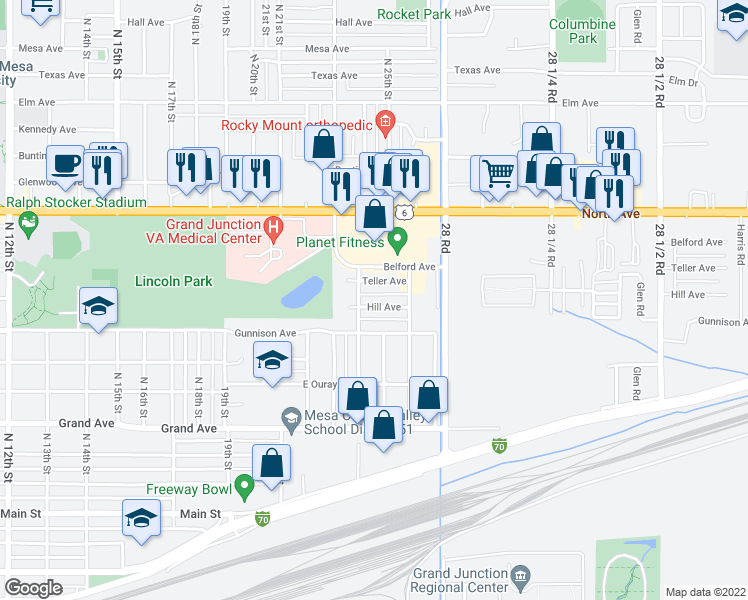 map of restaurants, bars, coffee shops, grocery stores, and more near 2424 Hill Avenue in Grand Junction