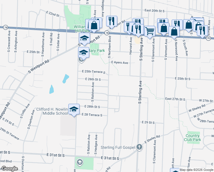 map of restaurants, bars, coffee shops, grocery stores, and more near 10705 East 26th Street South in Independence