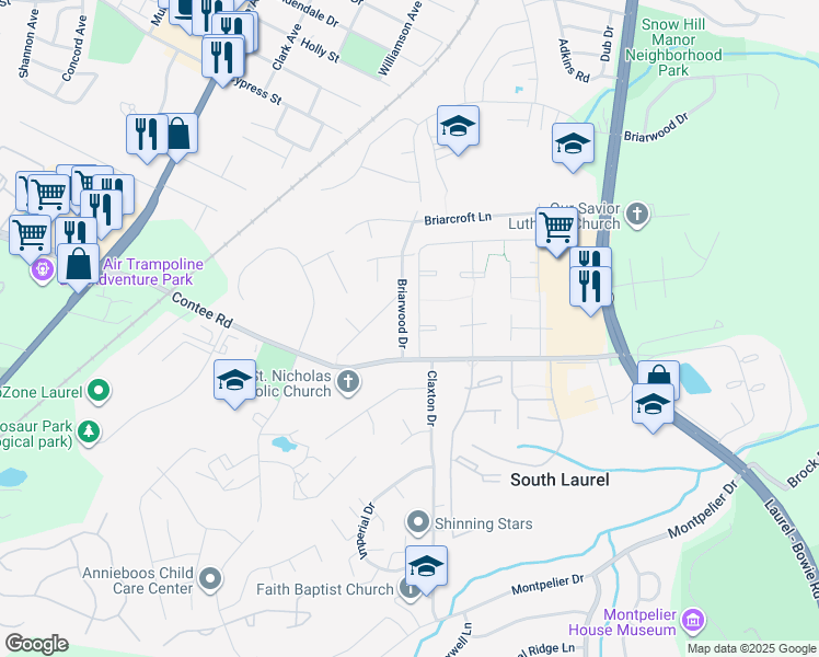 map of restaurants, bars, coffee shops, grocery stores, and more near 13307 Briarwood Drive in Laurel