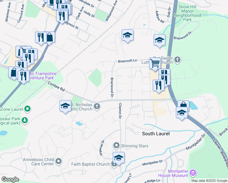 map of restaurants, bars, coffee shops, grocery stores, and more near 13307 Briarwood Drive in Laurel