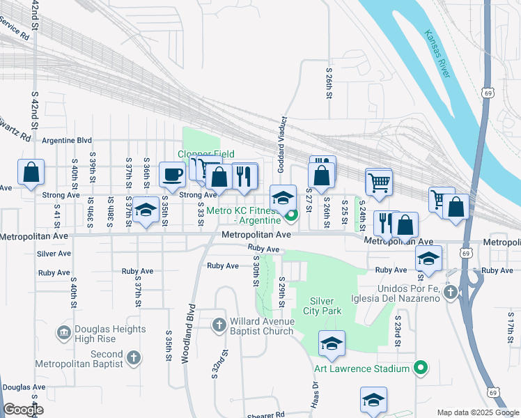 map of restaurants, bars, coffee shops, grocery stores, and more near 1401 South 30th Street in Kansas City