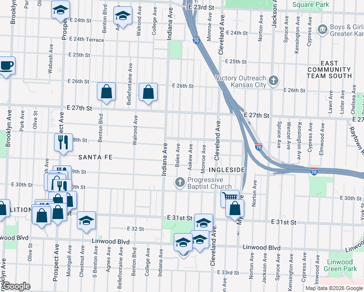 map of restaurants, bars, coffee shops, grocery stores, and more near 3507 East 28th Street South in Kansas City