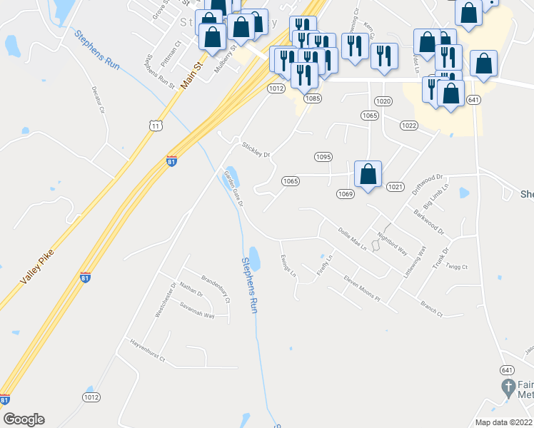 map of restaurants, bars, coffee shops, grocery stores, and more near 525 Ridgefield Avenue in Stephens City