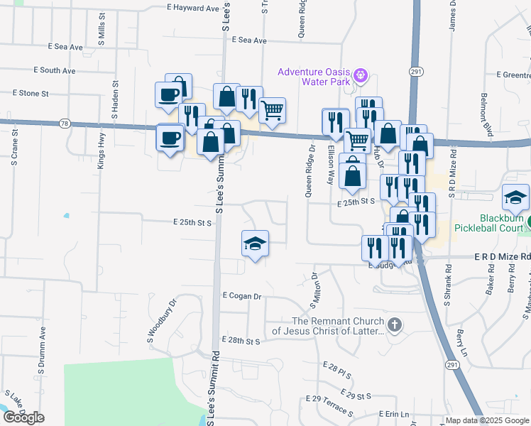 map of restaurants, bars, coffee shops, grocery stores, and more near 16217 East 25th Street South in Independence