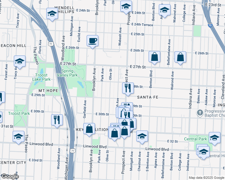 map of restaurants, bars, coffee shops, grocery stores, and more near 2806 Wabash Avenue in Kansas City