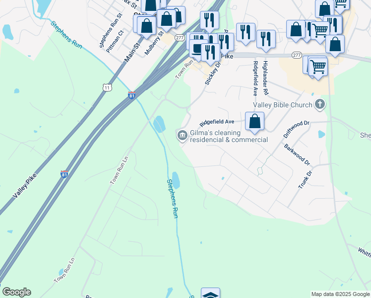 map of restaurants, bars, coffee shops, grocery stores, and more near 523 Ridgefield Avenue in Stephens City