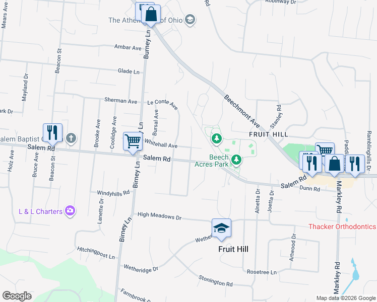 map of restaurants, bars, coffee shops, grocery stores, and more near 6830 Whitehall Avenue in Cincinnati