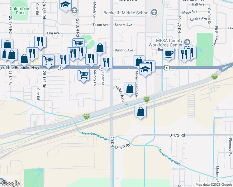 map of restaurants, bars, coffee shops, grocery stores, and more near 2901 Teller Avenue in Grand Junction