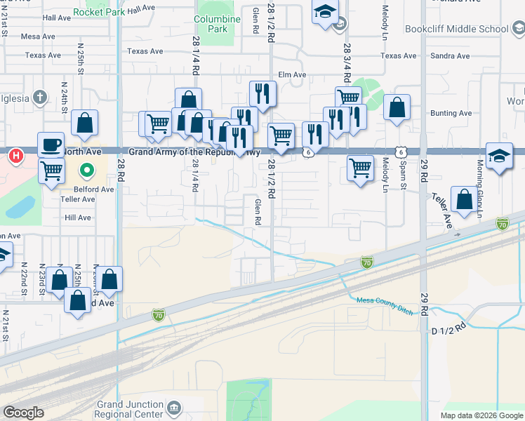 map of restaurants, bars, coffee shops, grocery stores, and more near 484 Glen Road in Grand Junction