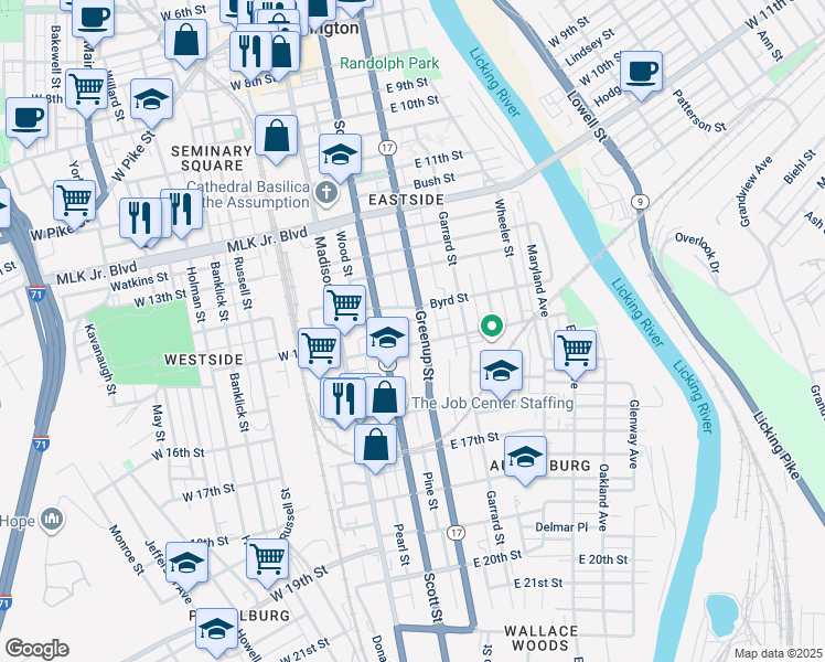 map of restaurants, bars, coffee shops, grocery stores, and more near 116 Martin Street in Covington