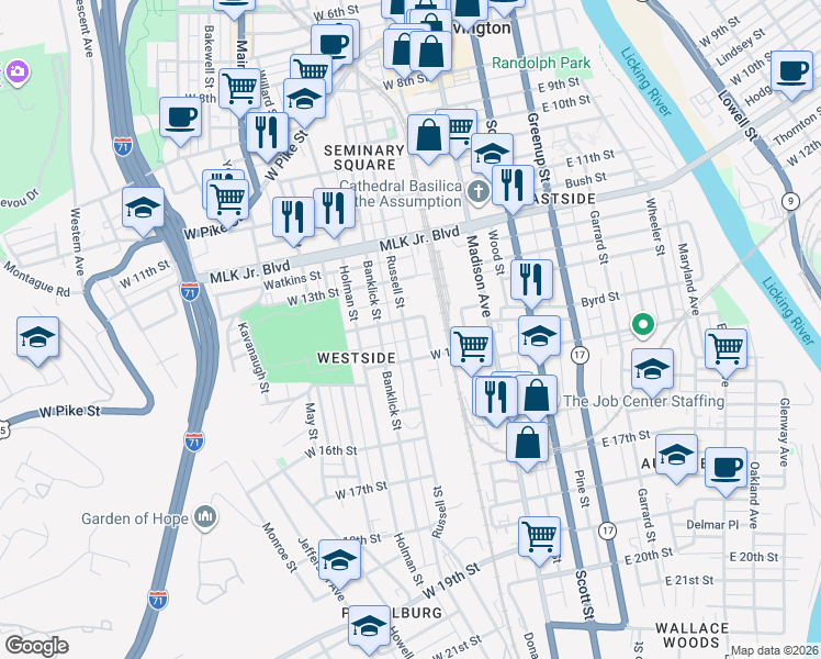 map of restaurants, bars, coffee shops, grocery stores, and more near 1327 Russell Street in Covington