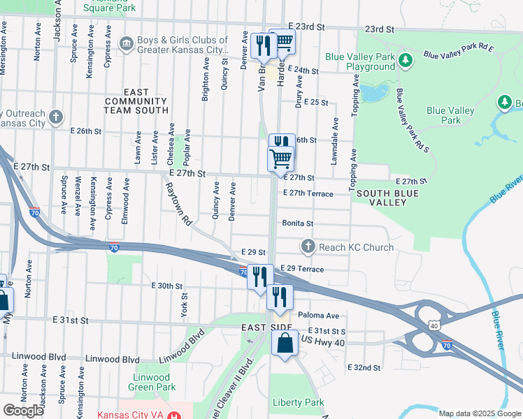 map of restaurants, bars, coffee shops, grocery stores, and more near 2716 Van Brunt Boulevard in Kansas City