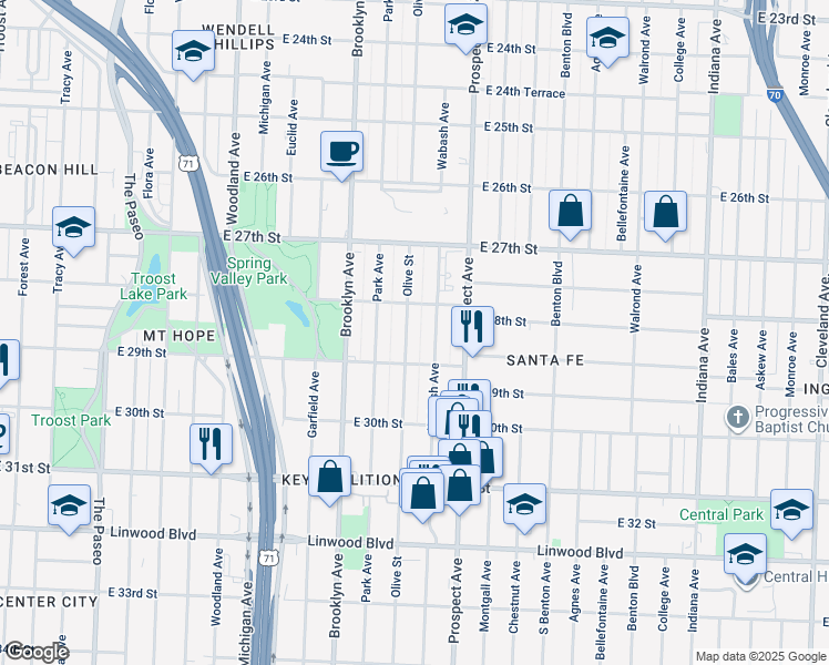 map of restaurants, bars, coffee shops, grocery stores, and more near 2806 Wabash Avenue in Kansas City