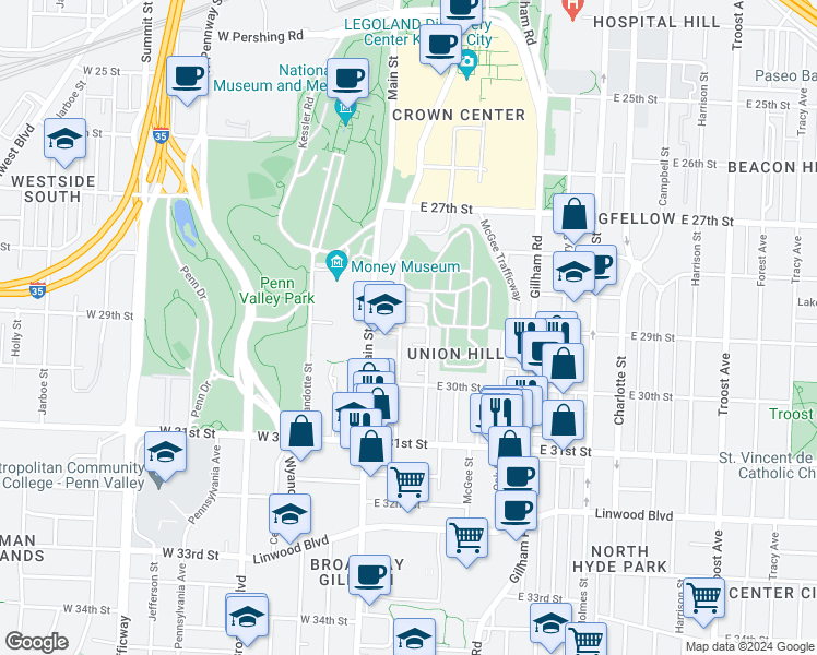 map of restaurants, bars, coffee shops, grocery stores, and more near 101 East 28 Terrace in Kansas City